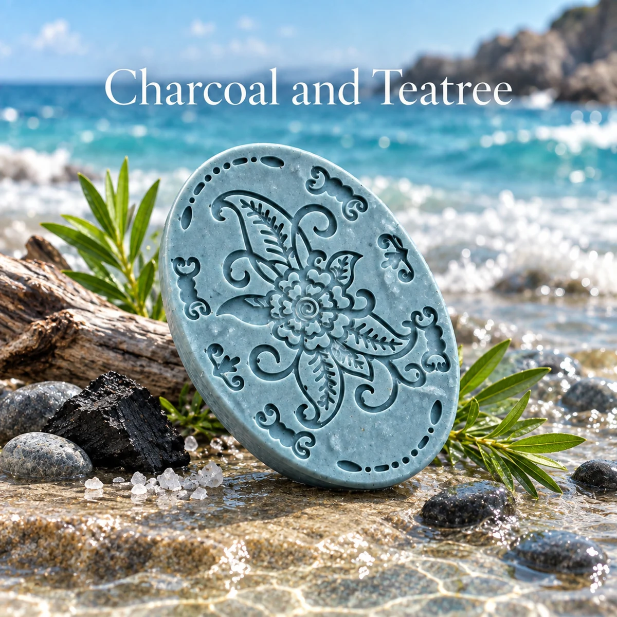 Hawkr Charcoal and Teatree Soap, a decorative blue oval bar beside the sea