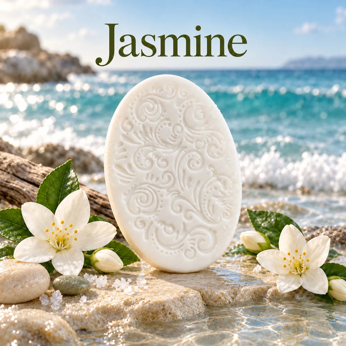 Hawkr Jasmine Soap, a patterned ivory oval bar with white jasmine flowers in a coastal setting