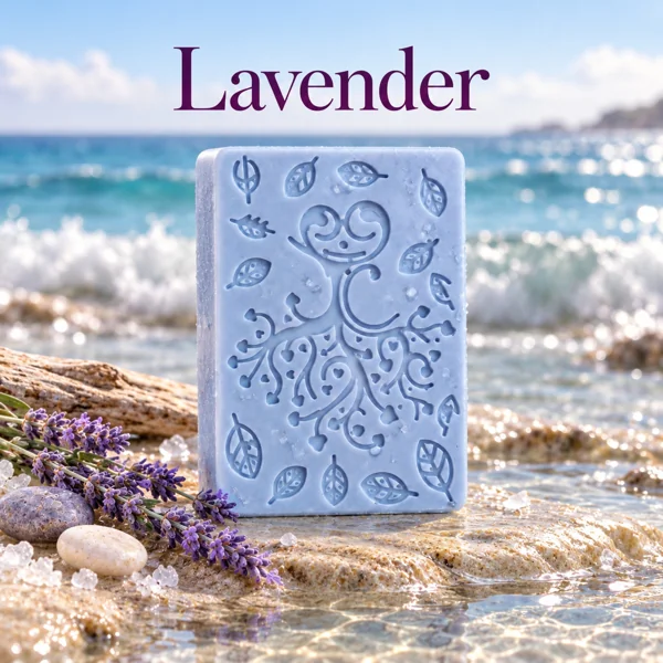 Hawkr Lavender Soap, a patterned lilac rectangular bar with lavender sprigs beside the sea