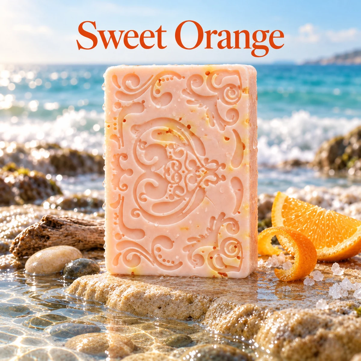 Hawkr Sweet Orange Soap, a patterned peach rectangular bar with orange slices in a coastal setting