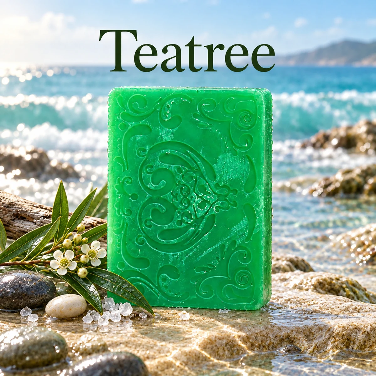 Hawkr Teatree Soap, a decorative green rectangular bar with botanical details beside the sea
