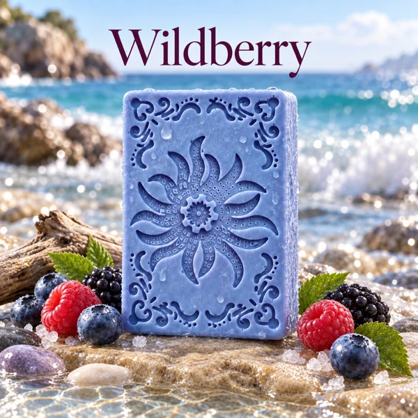 Hawkr Wildberry Soap, a decorative purple rectangular bar with mixed berries beside the sea